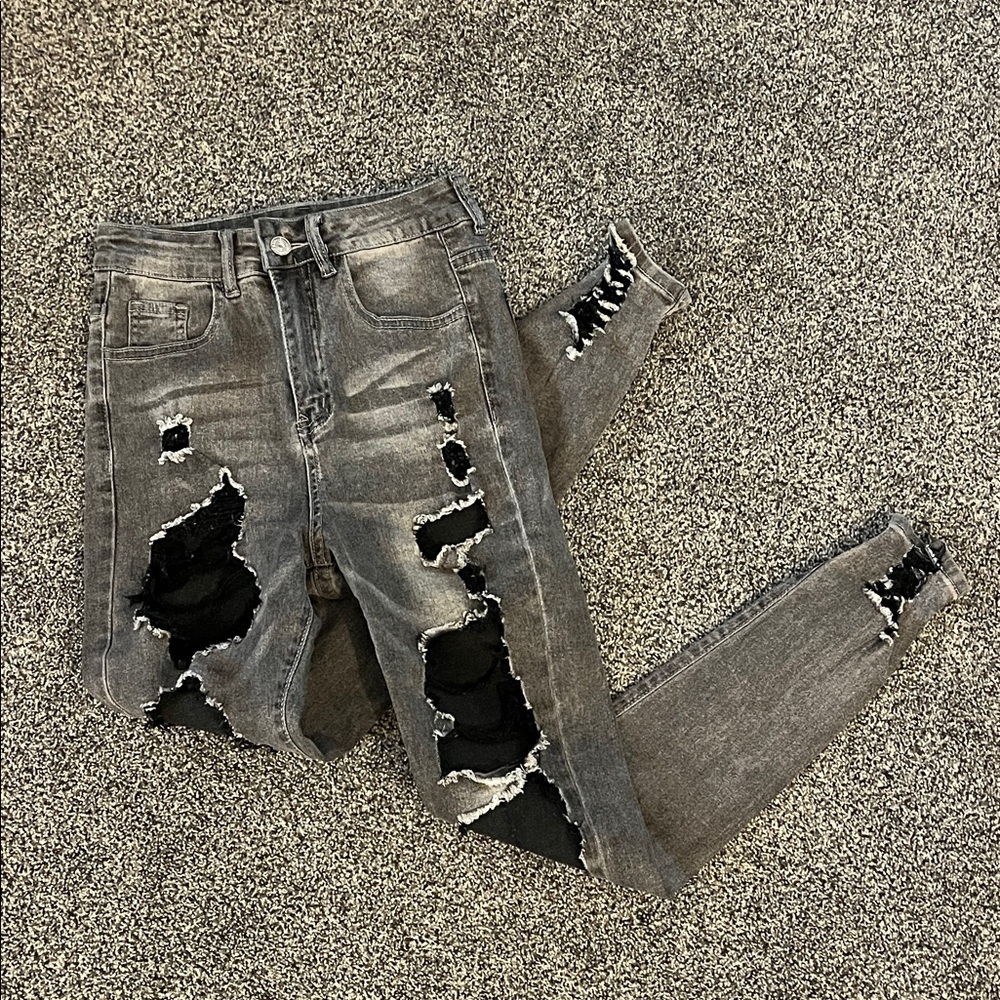 SHEIN Charcoal Distressed Skinny Jeans